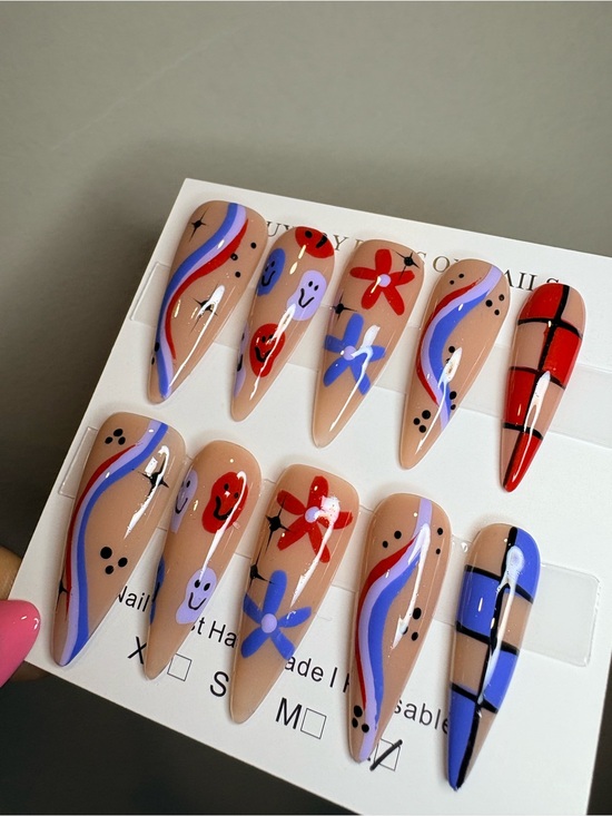 Other - Handpainted Nude Stiletto Press-On Nails with Red & Blue Accents